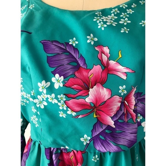 70s Hawaiian Floral Jumpsuit Mod Blue Maxi Romper Tropical Teal - Picture 6 of 10